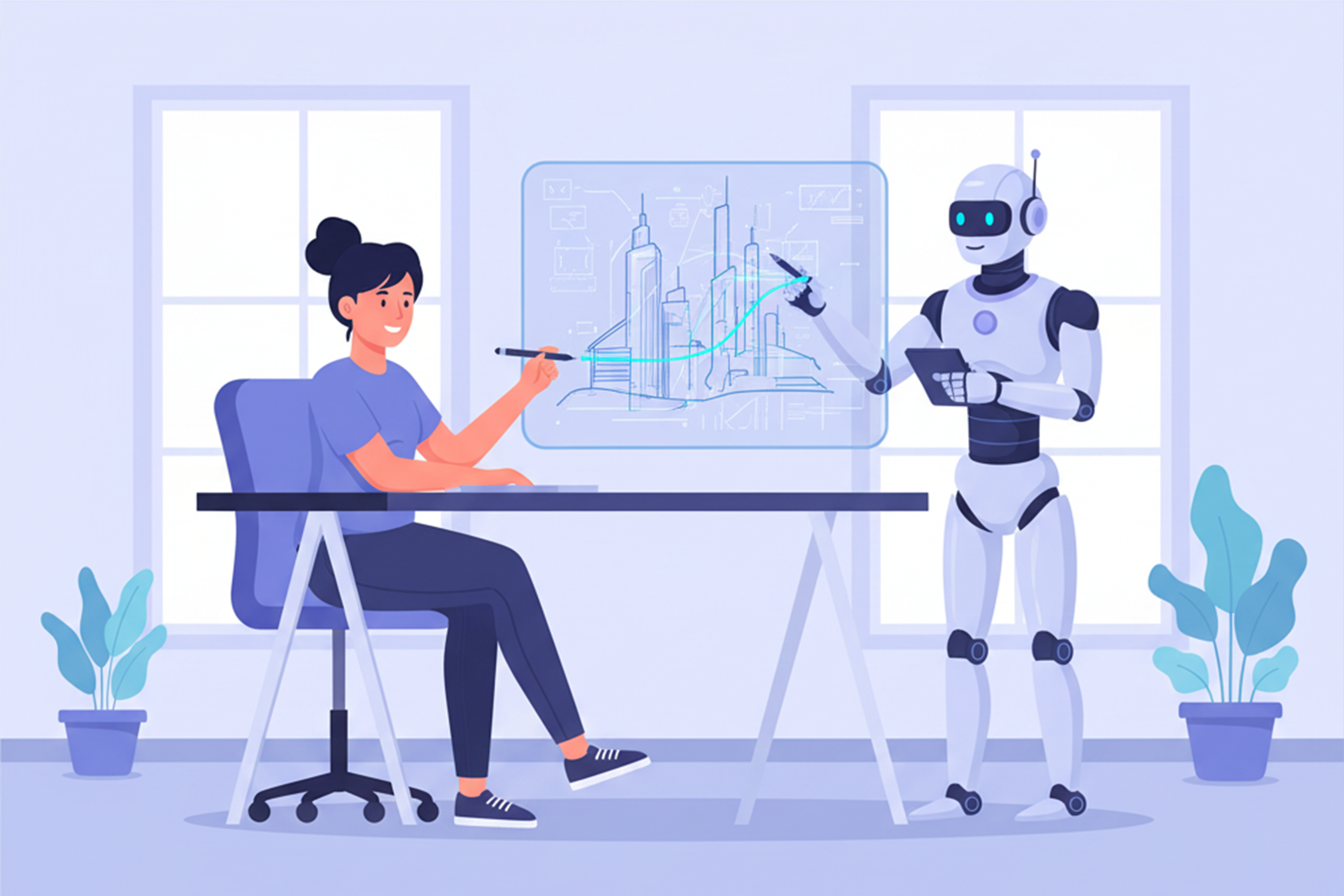 Designer collaborating with AI on creative design project in 2026