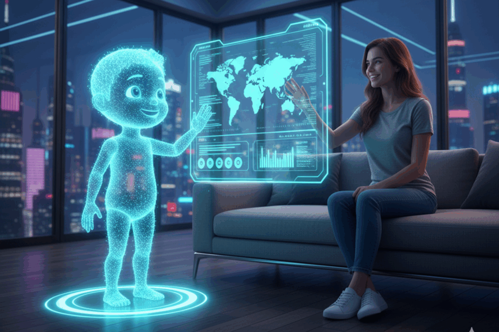 Futuristic AI robotic hand typing on a glowing holographic keyboard to generate digital content in real time.