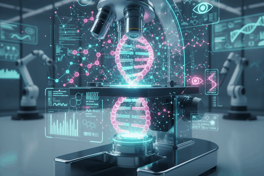 AI technology analyzing DNA and molecules for drug discovery in a futuristic lab.