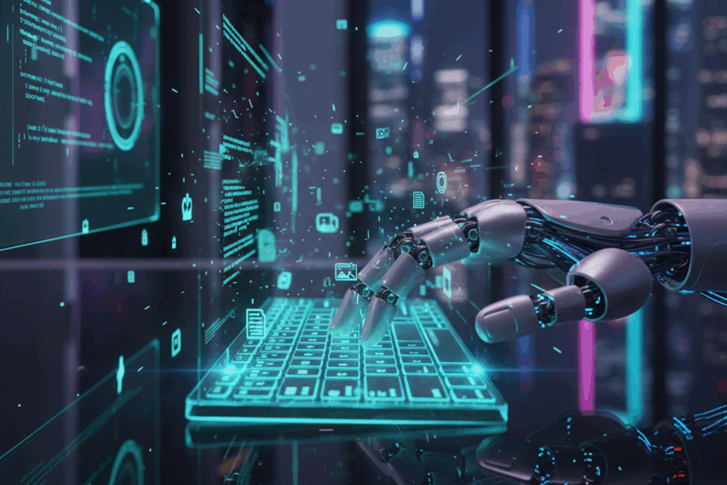 Futuristic AI robotic hand typing on a glowing holographic keyboard to generate digital content in real time.